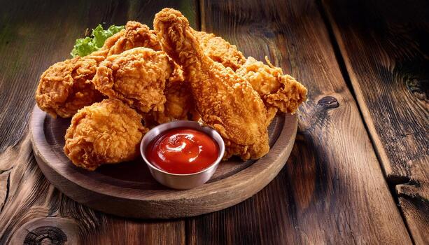 crispy-fried-chicken-drumsticks-and-thighs-served-with-ketchup-on-a-wooden-board-free-photo